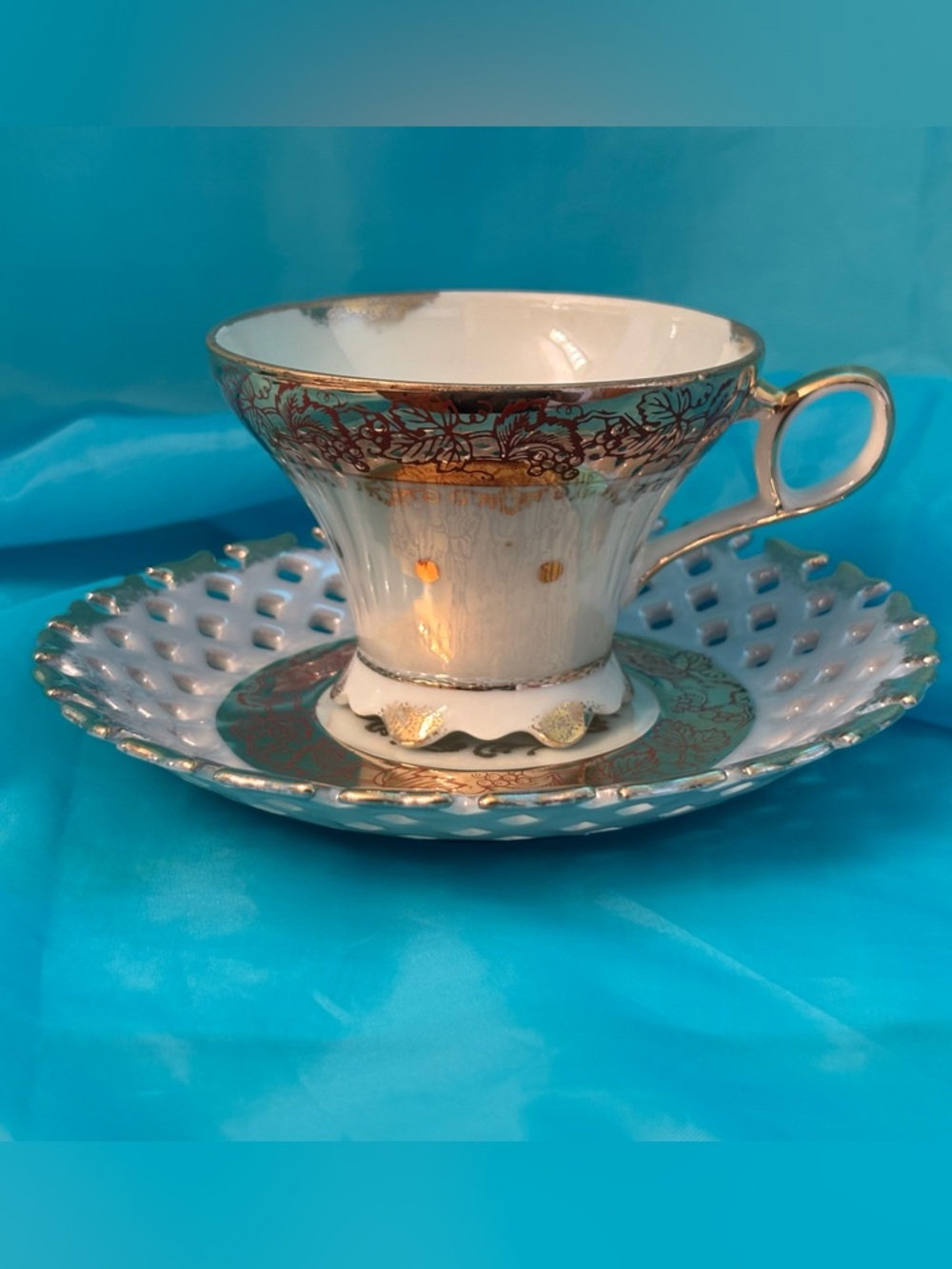 Royal Halsey “Very Fine” Footed Teacup & Reticulated Saucer – Gold Trim – Floral